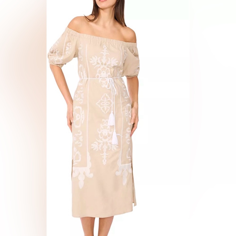 Vince Camuto Beige Embroidered Midi Dress